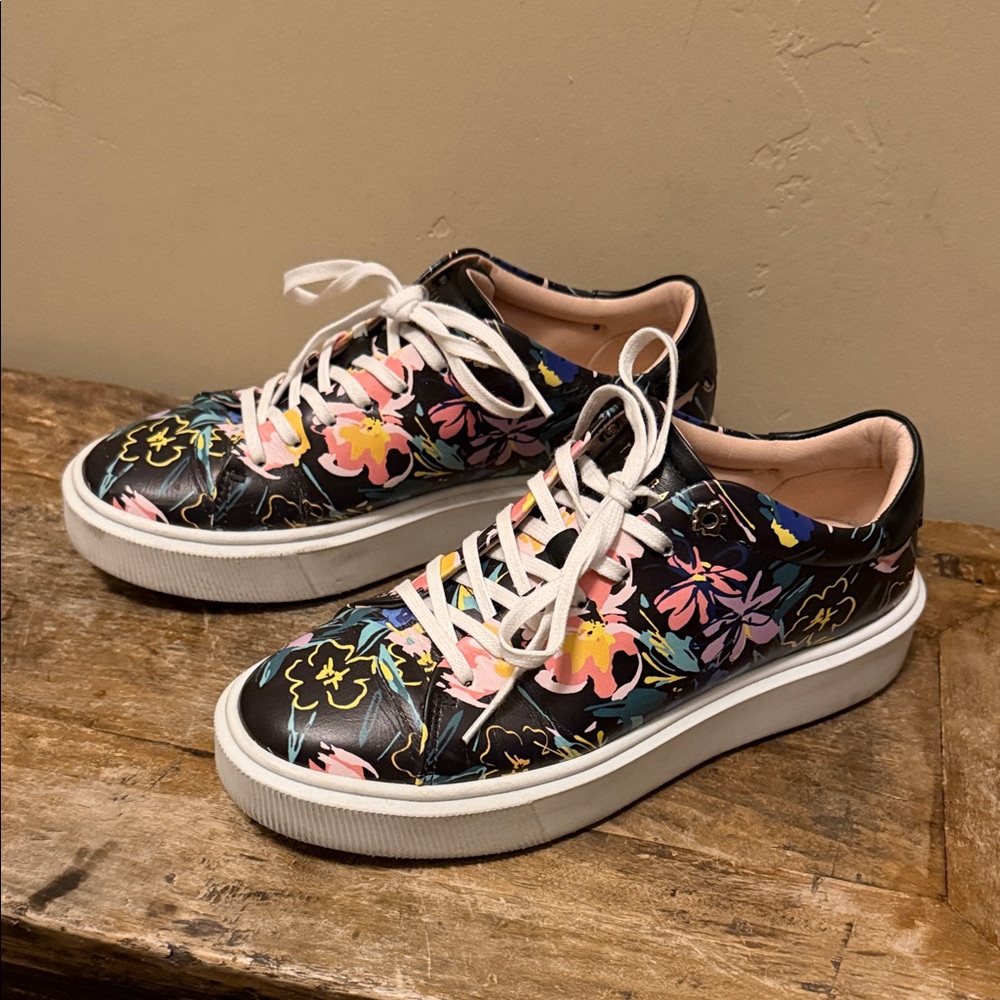 Ted Baker Black Leather Floral Women's Sneakers Size 8.5